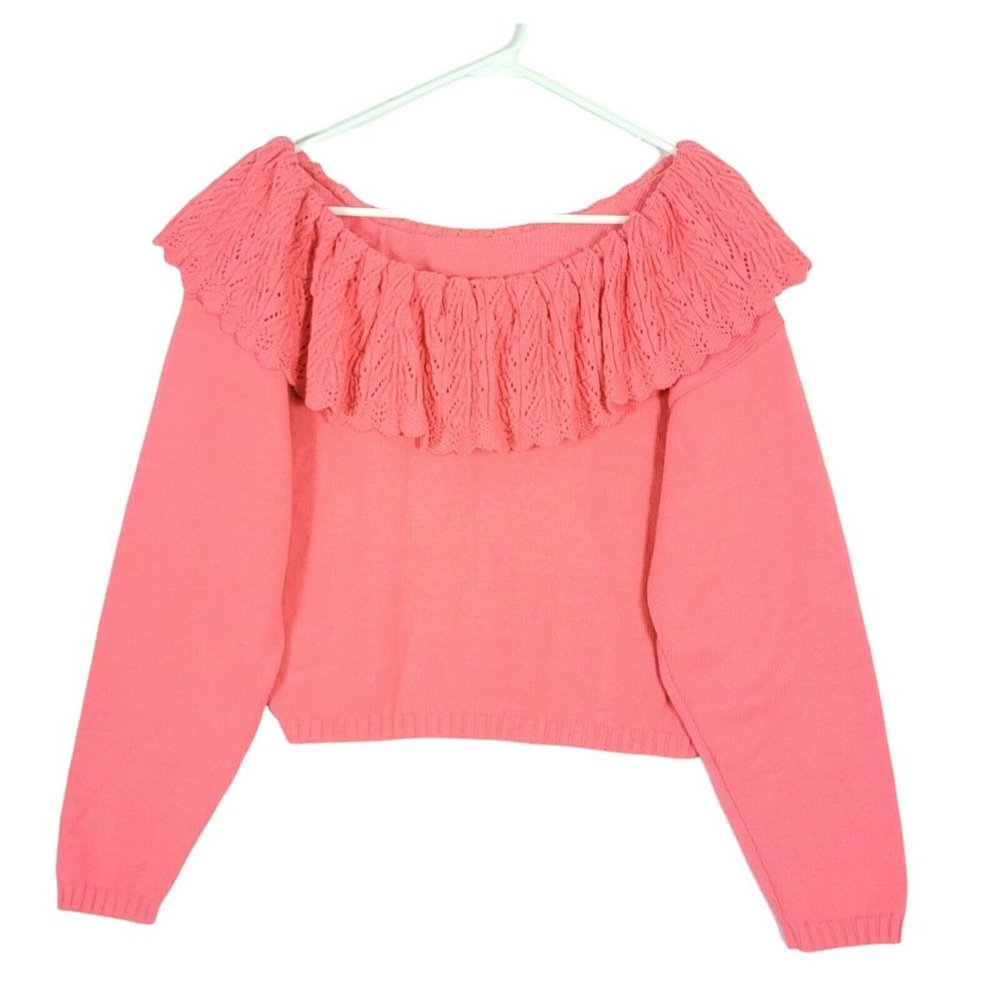 Next Issue Crop Sweater Ruffle Accent Boat Neck